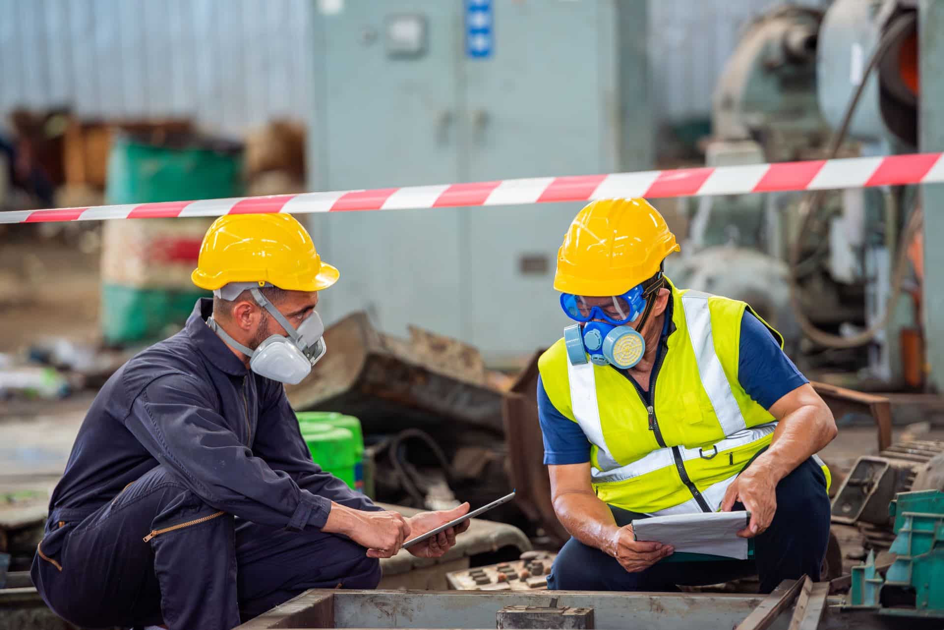 Arbeiter mit Schutzkleidung und Atemmaske auf kontaminierter Baustelle.