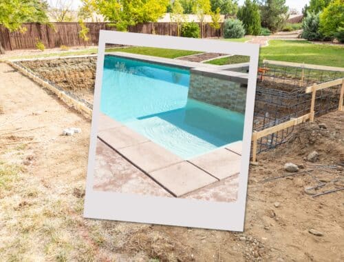 Baustelle für einen Stahlwandpool im Garten, bei der der Baufortschritt deutlich sichtbar ist. Finden Sie Ihren perfekten Pool im Pool Shop.