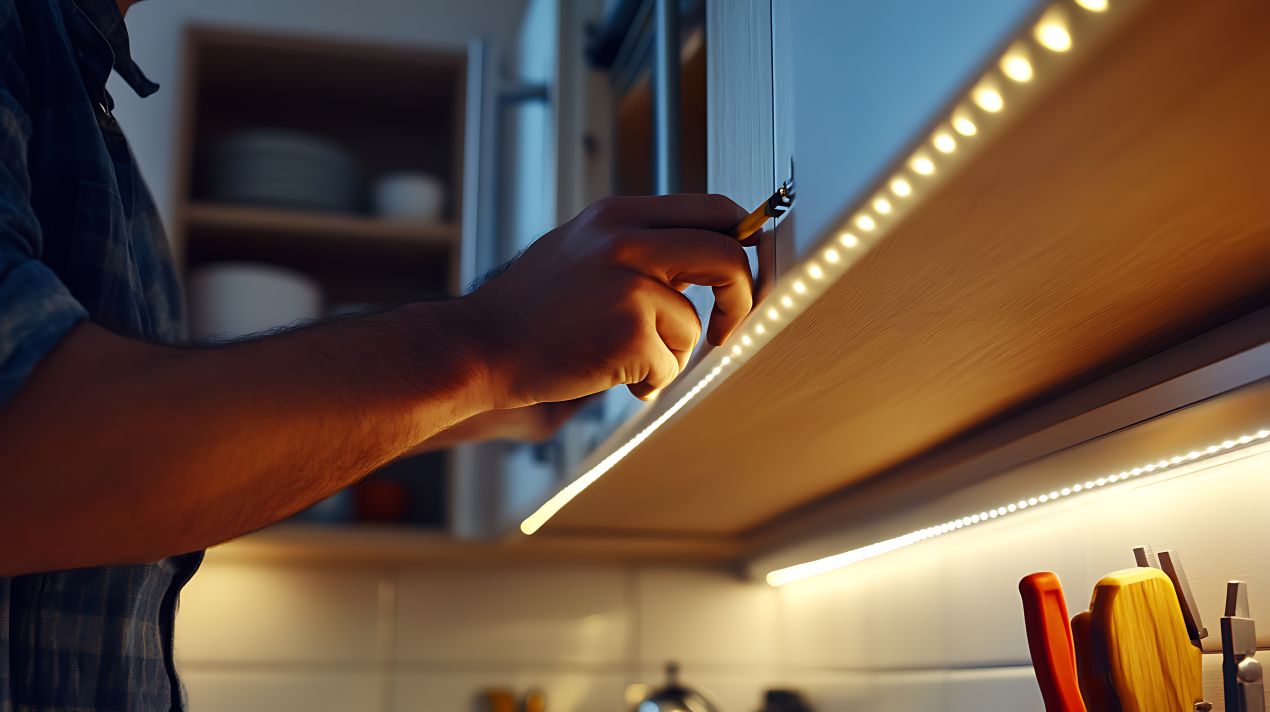 Hand installiert LED-Leiste unter Küchenschrank, gesteuert über einen LED Controller für präzises Lichtmanagement