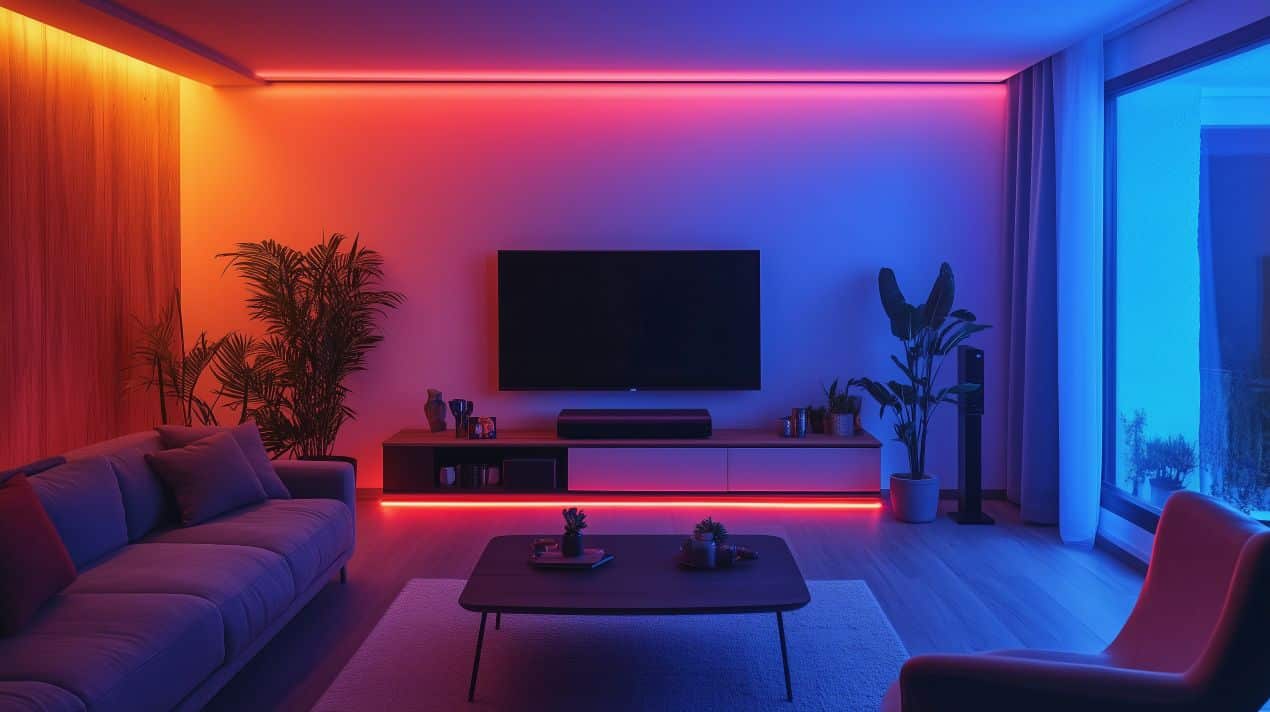 Stimmungsvolle LED-Beleuchtung im Wohnzimmer, gesteuert mit einem LED Controller für farbdynamische Lichtszenen