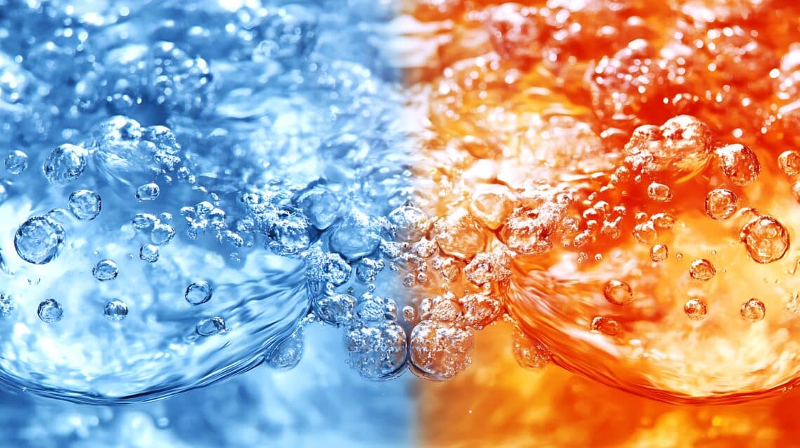 Temperaturbeständig – Wasserblasen in heißem und kaltem Bereich als Symbol für Hitzebeständigkeit und Kühlung