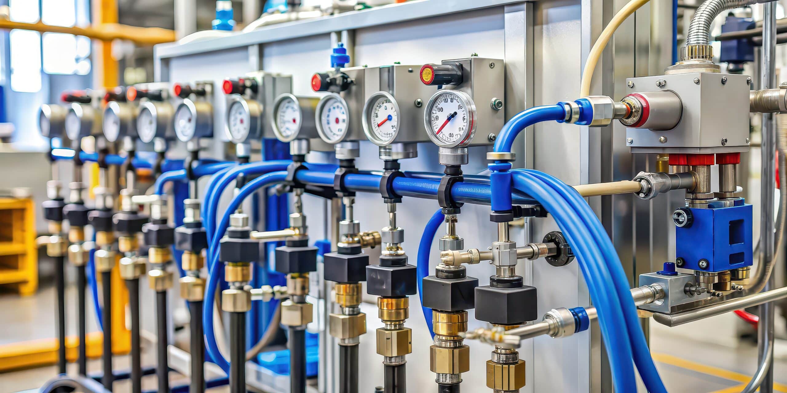 Industrieanlage mit Schläuchen, Manometern und Ventilen – Symbol für temperaturbeständige Schlauchsysteme in der Prozessindustrie
