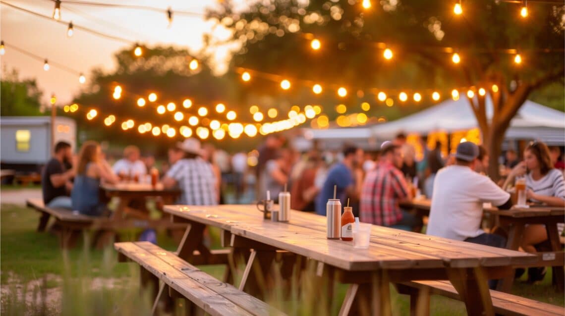 Stimmungsvolles Outdoor-Fest bei Sonnenuntergang | Hähnchengrill