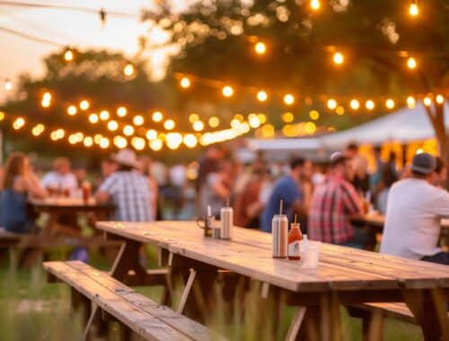 Stimmungsvolles Outdoor-Fest bei Sonnenuntergang | Hähnchengrill