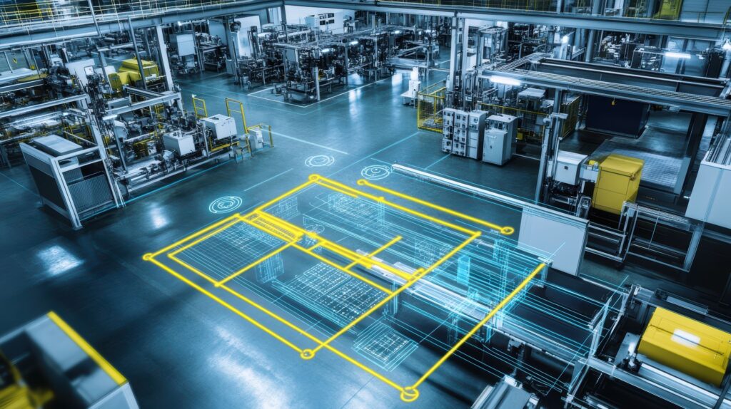 digitale layoutplanung in moderner fabrikhalle mit visualisierten anlagendaten