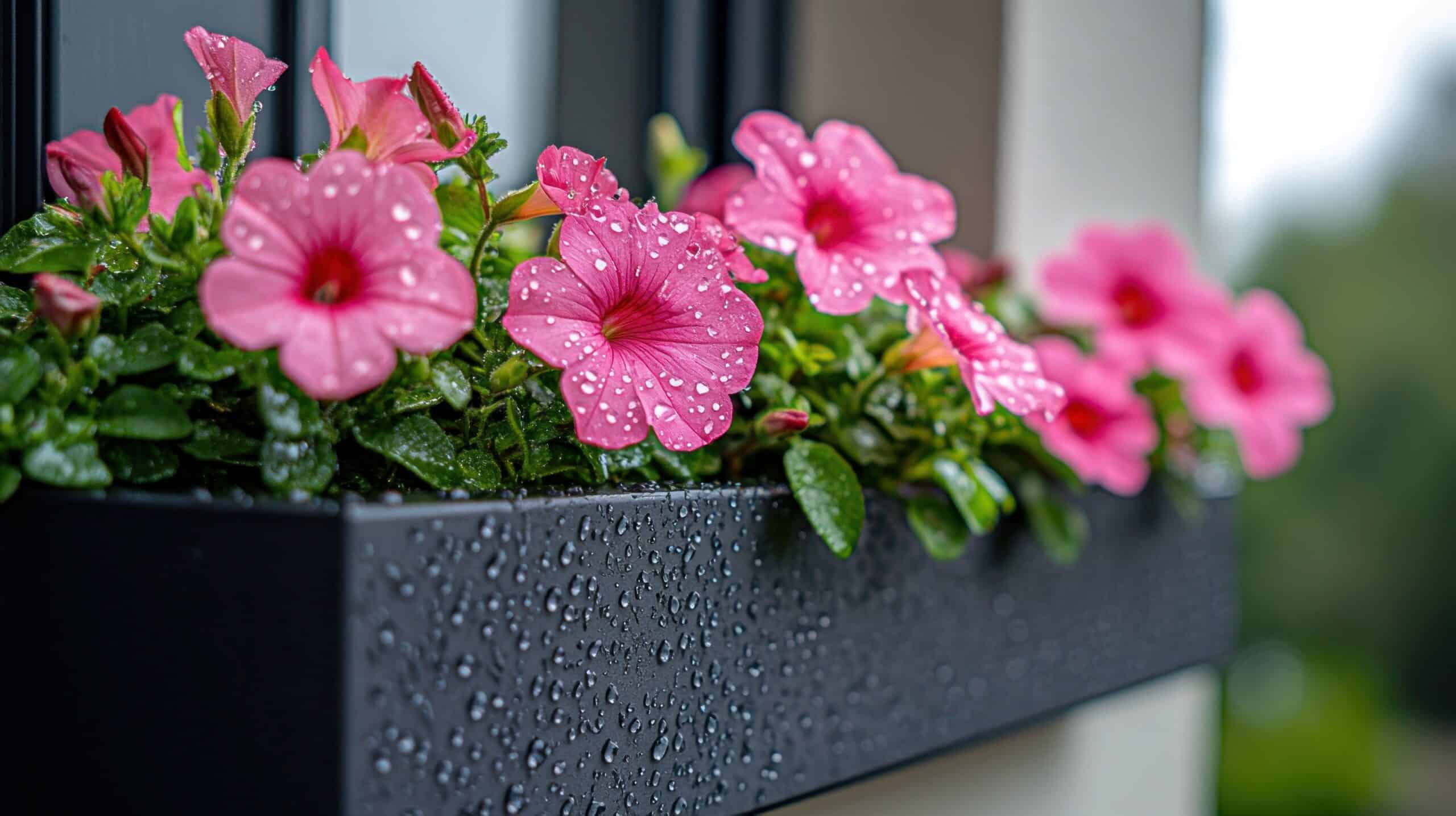 Pflanzkasten mit pinken Blüten nach dem Regen am Fenster einer modernen Hausfassade