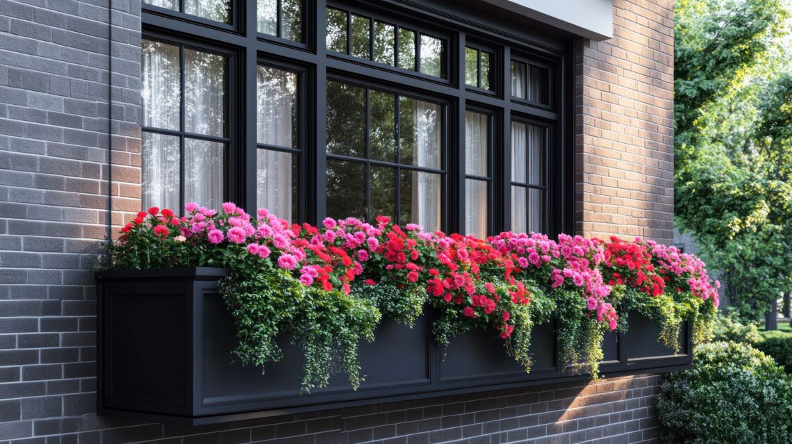 Pflanzkasten mit üppiger Blütenbepflanzung an modernem Fenster einer Stadtvilla