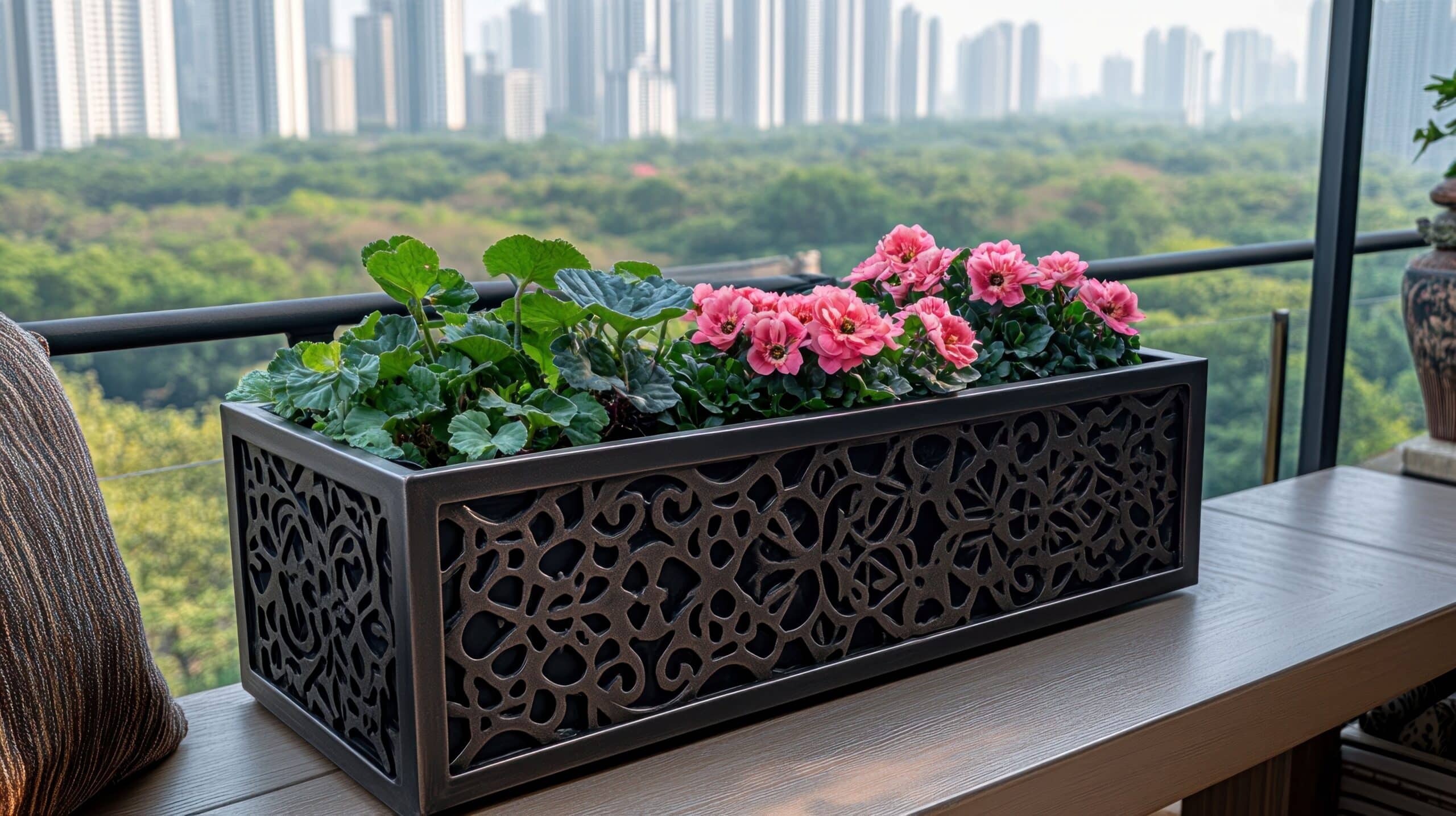 Pflanzkasten mit ornamentalem Design und pinken Blumen auf einer Terrasse mit Stadtblick