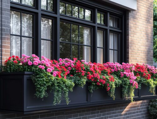 Pflanzkasten mit üppiger Blütenbepflanzung an modernem Fenster einer Stadtvilla