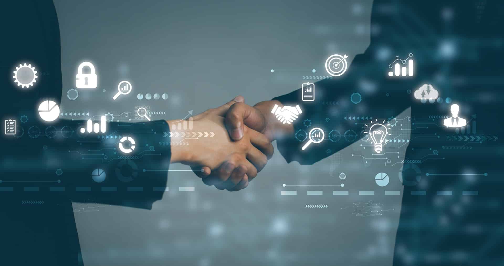 Digitaler Handschlag mit Businesssymbolen | Lohnbuchhaltung

