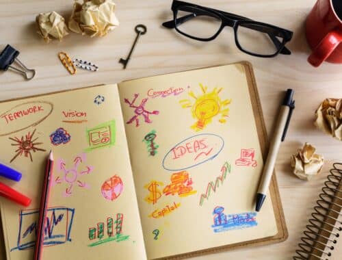 Skizzenbuch mit bunten Zeichnungen und Ideenentwürfen | Base Liquid