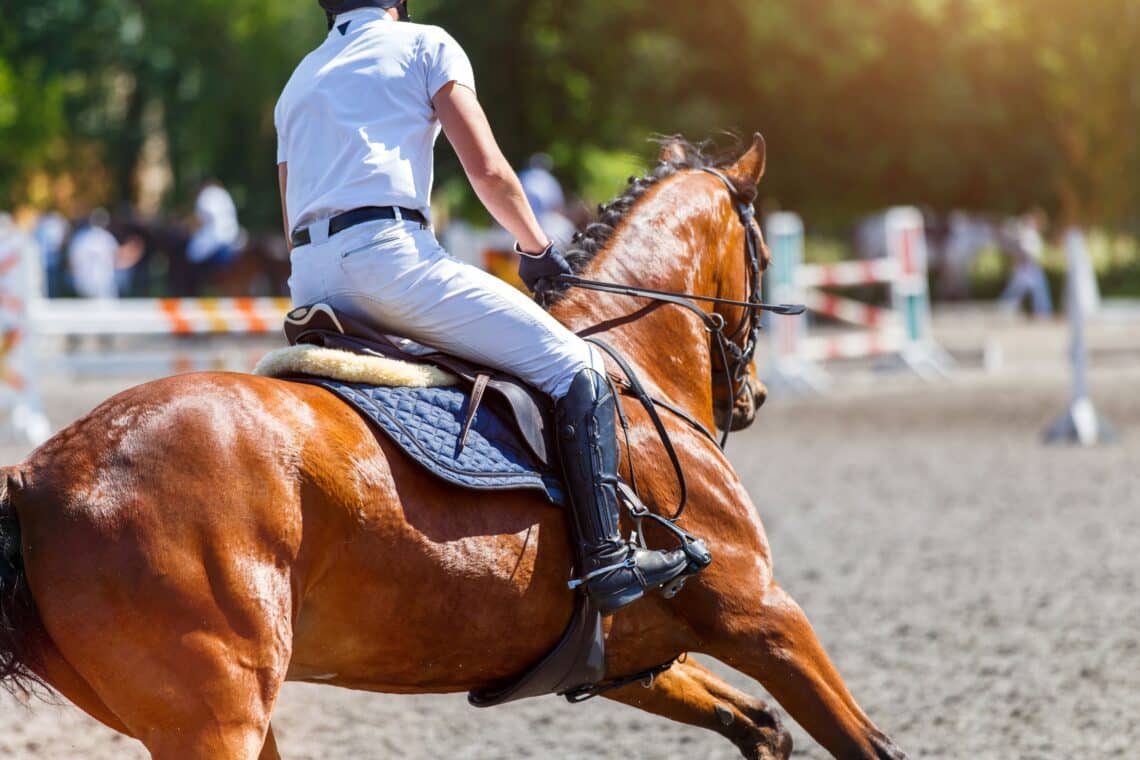 Rider guiding a sport horse through a jump-off turn